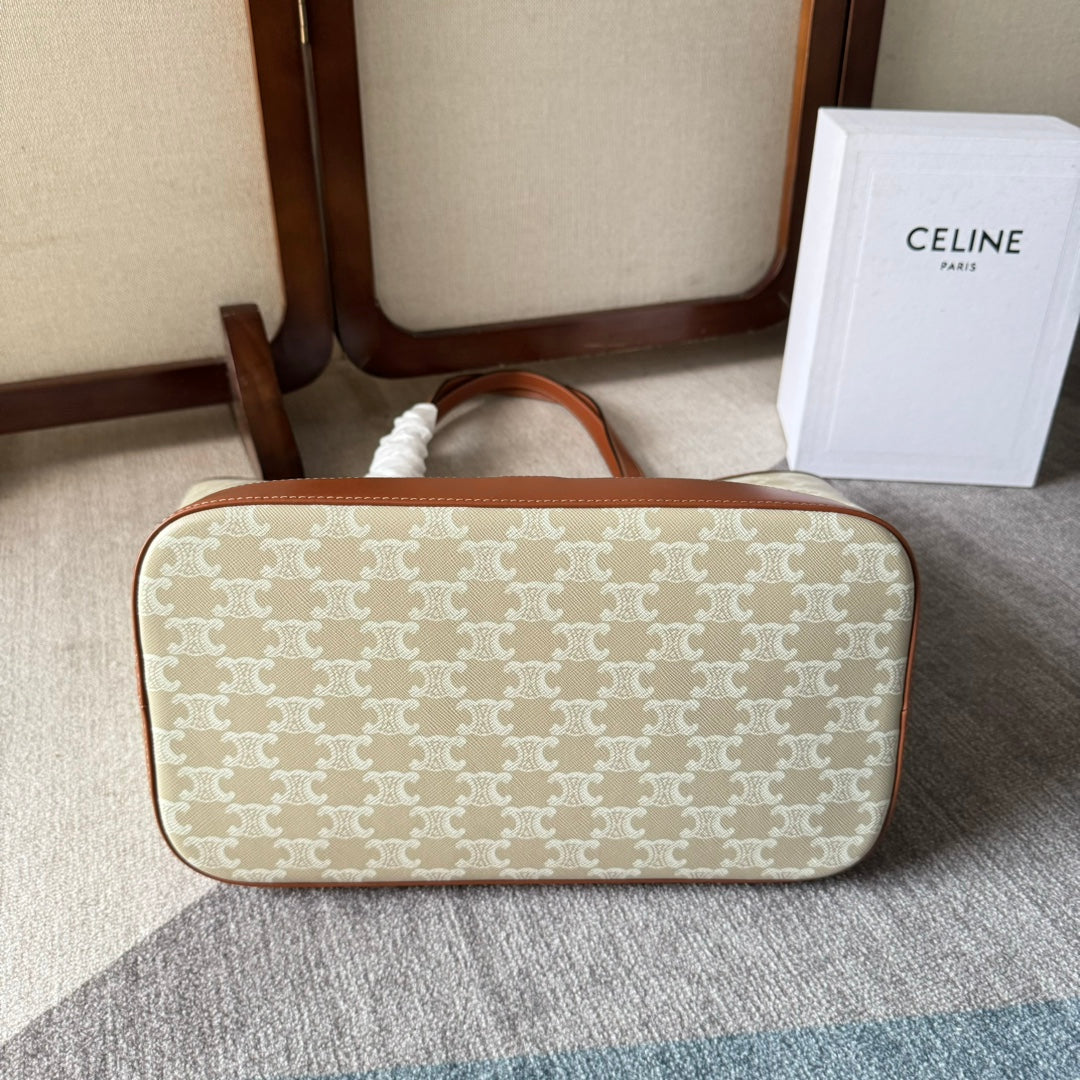 Celine Triomphe Canvas 31.5 in Printed Calfskin Brown White Bag