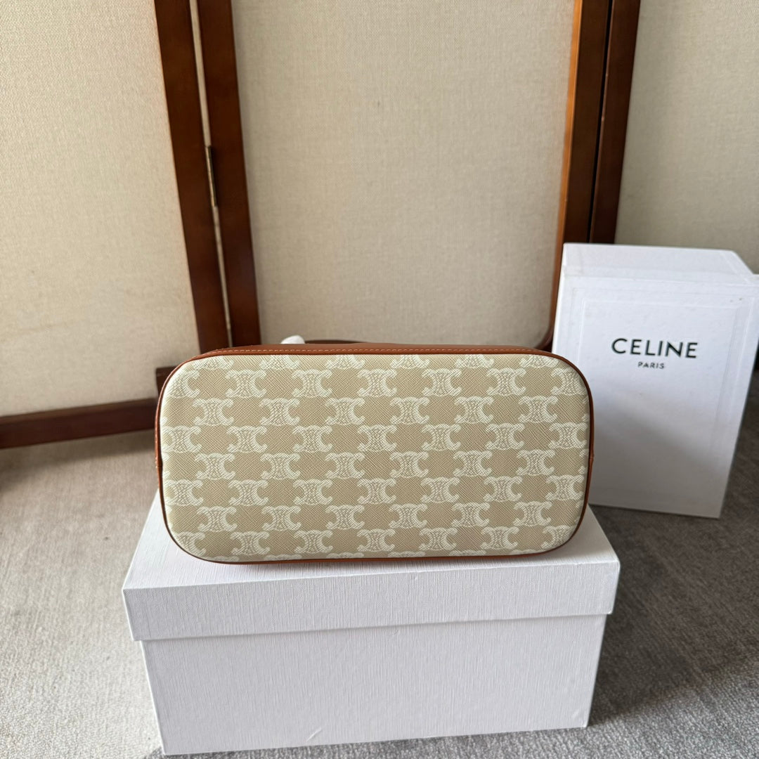 Celine Triomphe Canvas 26.5 in Printed Calfskin Brown White Bag