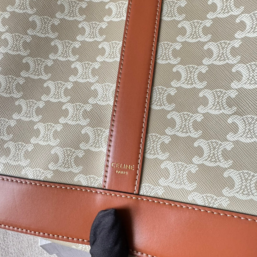 Celine Triomphe Canvas 26.5 in Printed Calfskin Brown White Bag