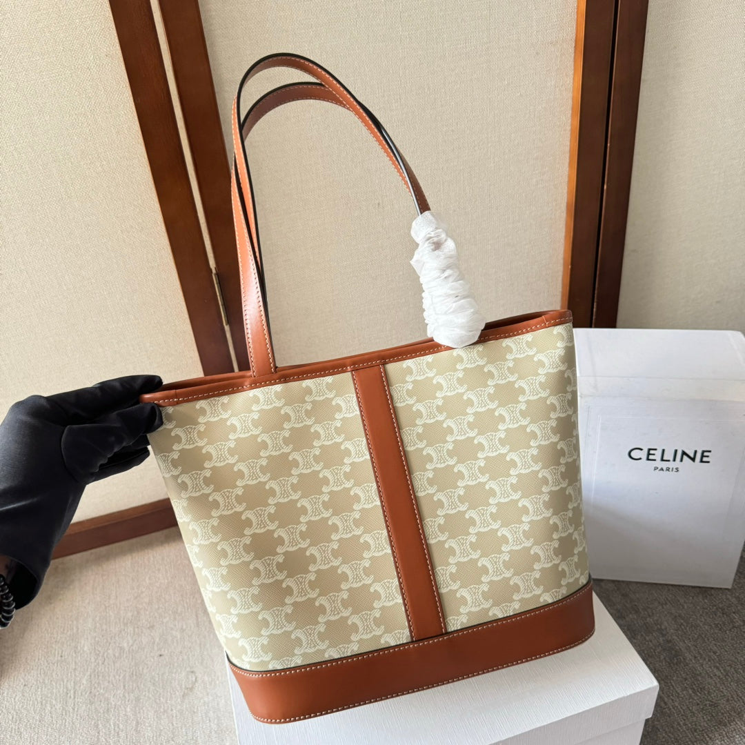 Celine Triomphe Canvas 26.5 in Printed Calfskin Brown White Bag