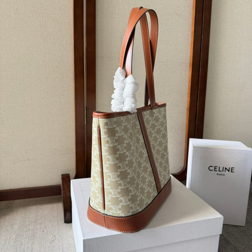 Celine Triomphe Canvas 26.5 in Printed Calfskin Brown White Bag