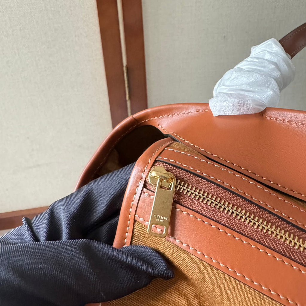 Celine Triomphe Canvas 26.5 in Printed Calfskin Brown White Bag
