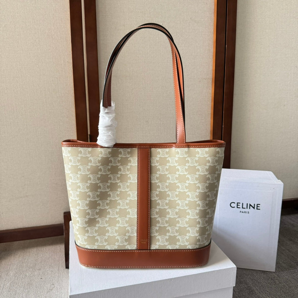 Celine Triomphe Canvas 26.5 in Printed Calfskin Brown White Bag