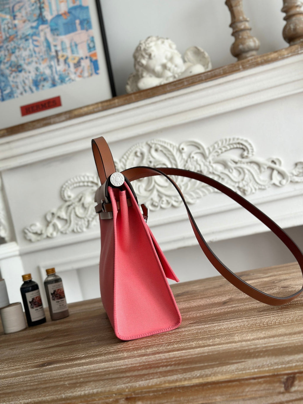 Hermes Zip Cabine 31 Bag in Punch Pink Canvas and Bronze Brown Calfskin