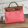 Hermes Zip Cabine 31 Bag in Punch Pink Canvas and Bronze Brown Calfskin