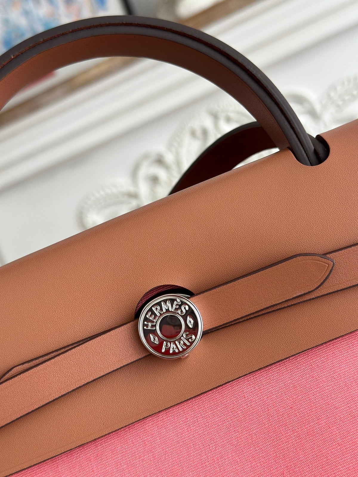 Hermes Zip Cabine 31 Bag in Punch Pink Canvas and Bronze Brown Calfskin