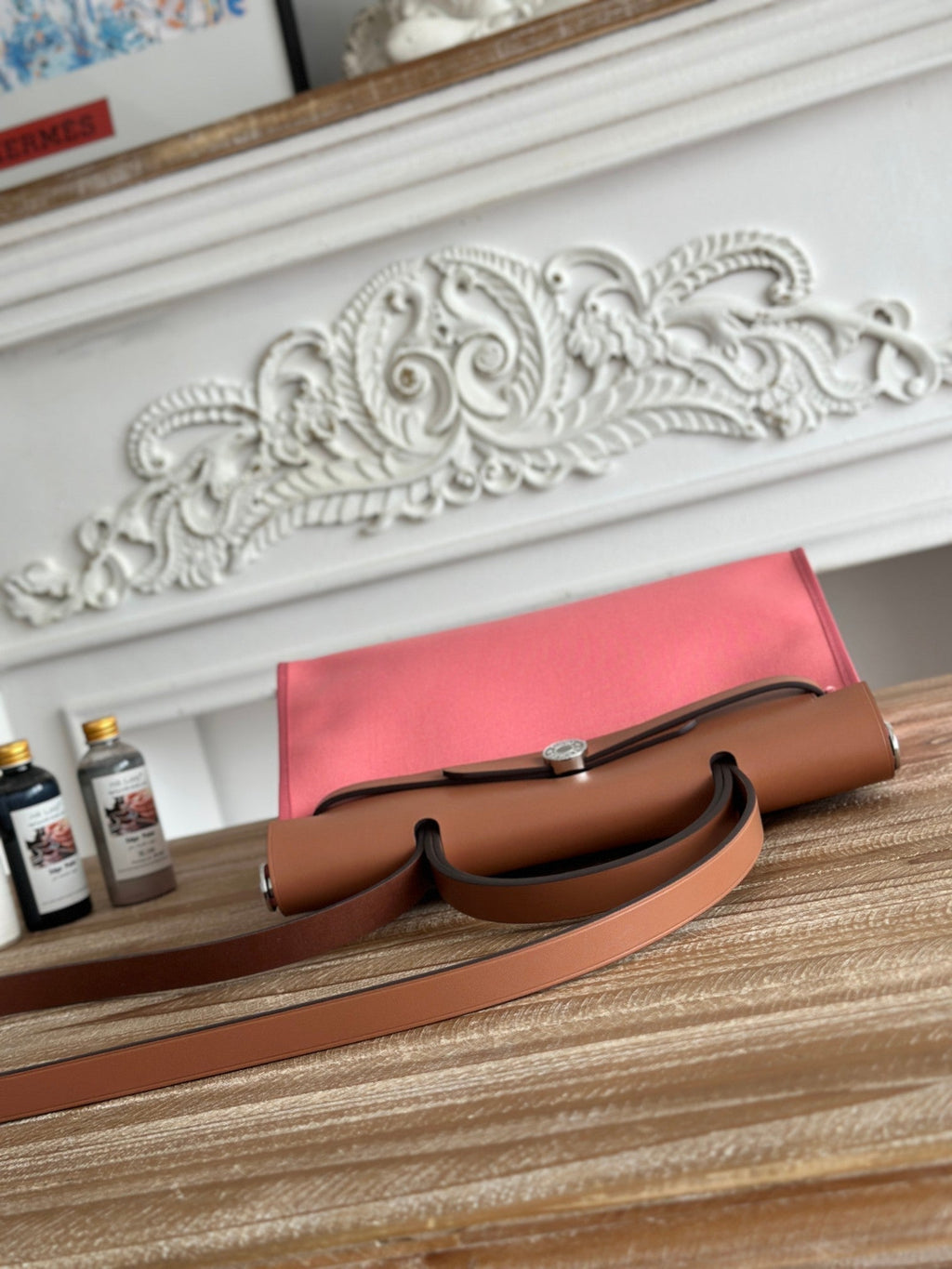 Hermes Zip Cabine 31 Bag in Punch Pink Canvas and Bronze Brown Calfskin