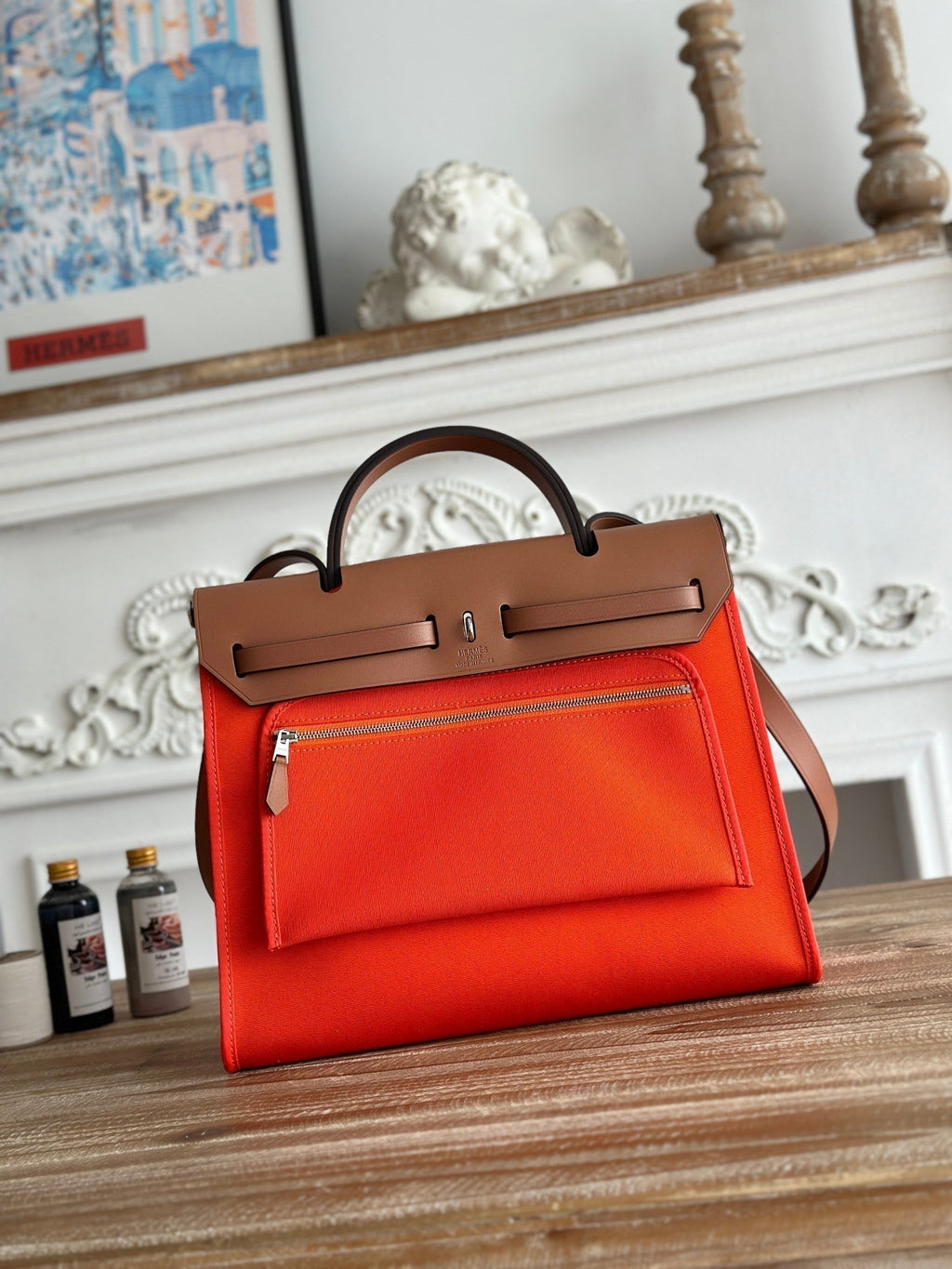 Hermes Zip Cabine 31 Bag in Fire Orange Canvas and Bronze Brown Calfskin