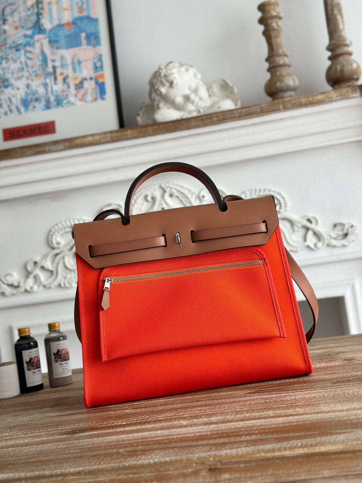 Hermes Zip Cabine 31 Bag in Fire Orange Canvas and Bronze Brown Calfskin