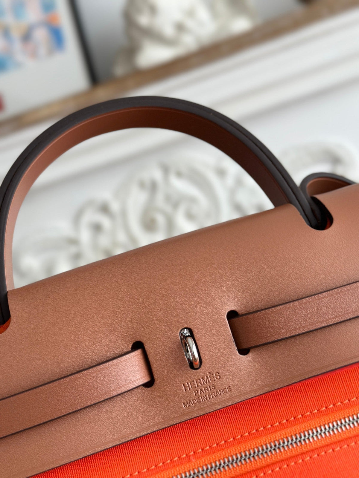 Hermes Zip Cabine 31 Bag in Fire Orange Canvas and Bronze Brown Calfskin