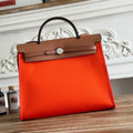 Hermes Zip Cabine 31 Bag in Fire Orange Canvas and Bronze Brown Calfskin