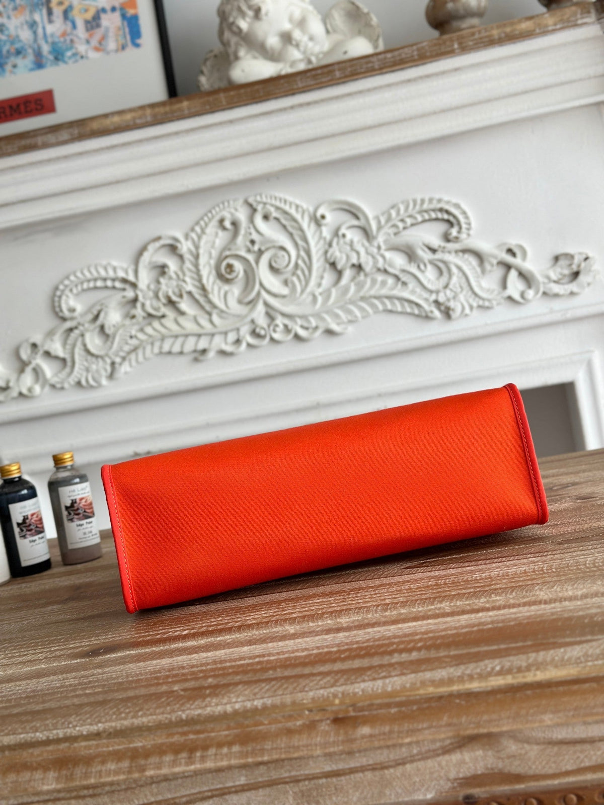 Hermes Zip Cabine 31 Bag in Fire Orange Canvas and Bronze Brown Calfskin