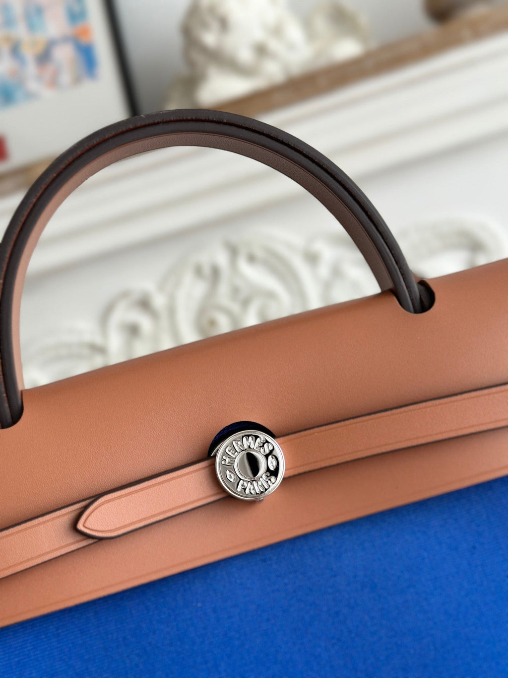 Hermes Zip Cabine 31 Bag in Cobalt Blue Canvas and Bronze Brown Calfskin