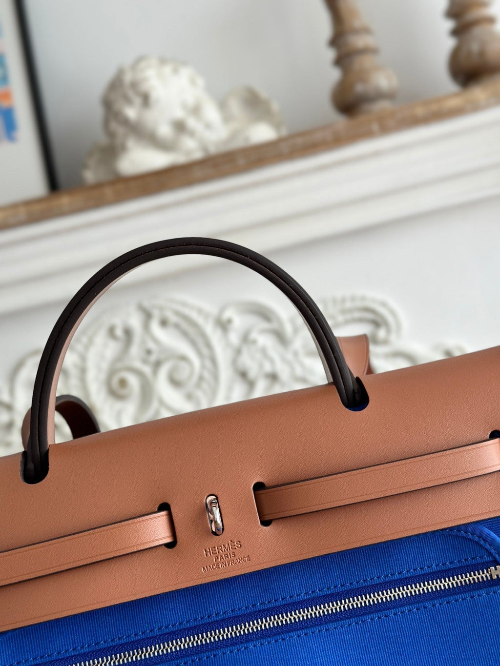 Hermes Zip Cabine 31 Bag in Cobalt Blue Canvas and Bronze Brown Calfskin