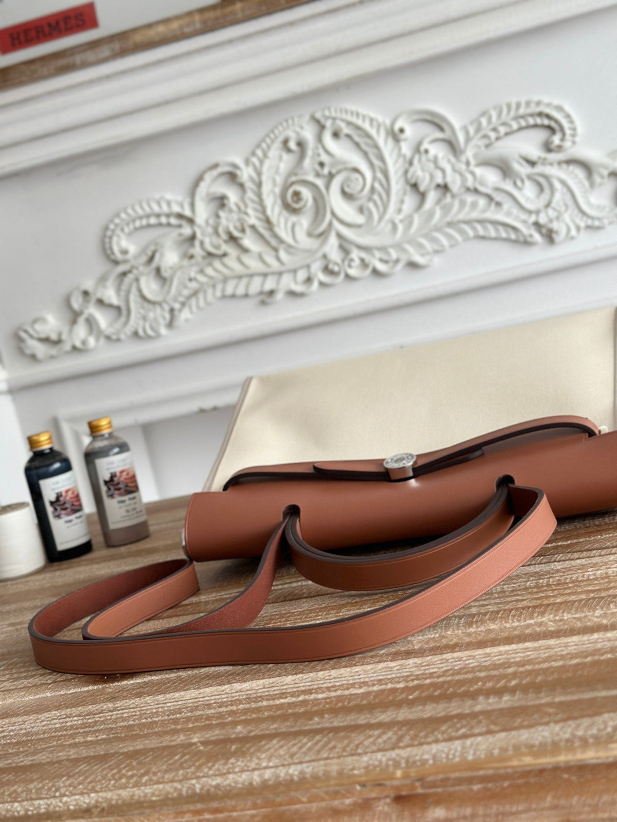 Hermes Zip Cabine 31 Bag in White Cream Canvas and Bronze Brown Calfskin