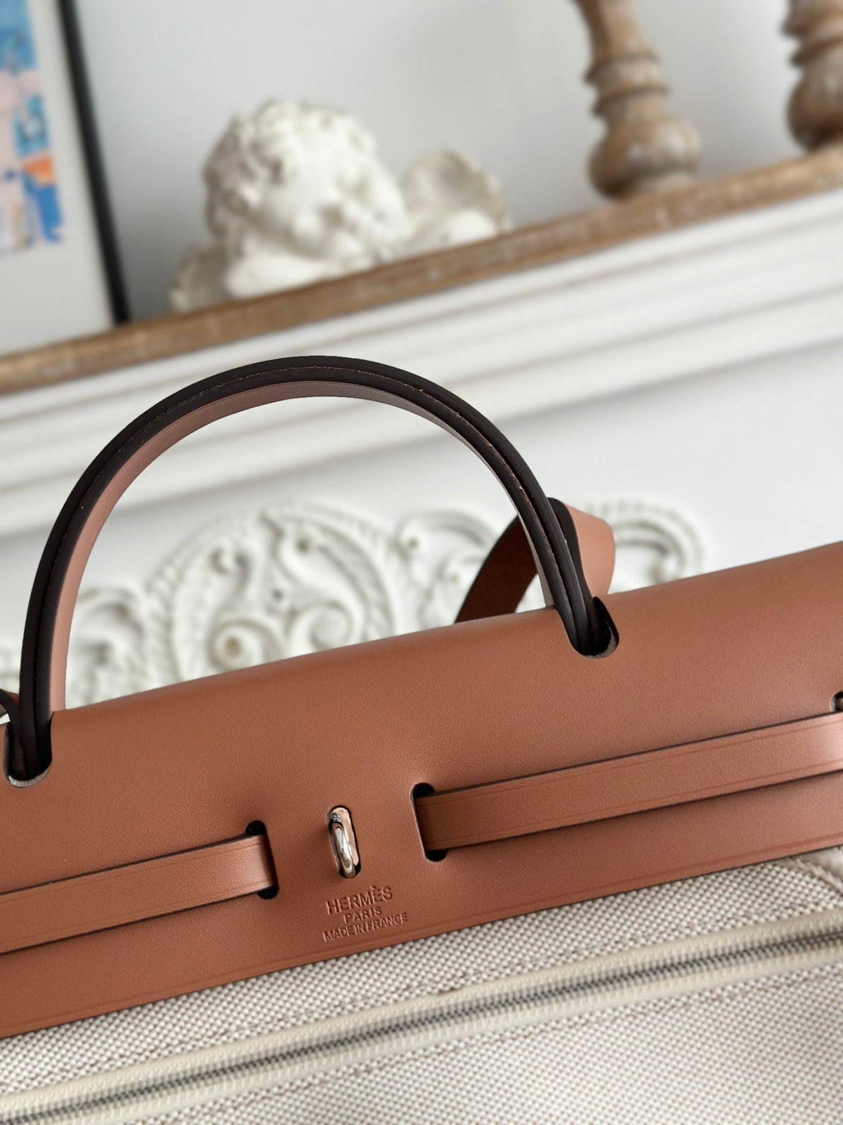 Hermes Zip Cabine 31 Bag in Pale Gray Canvas and Bronze Brown Calfskin