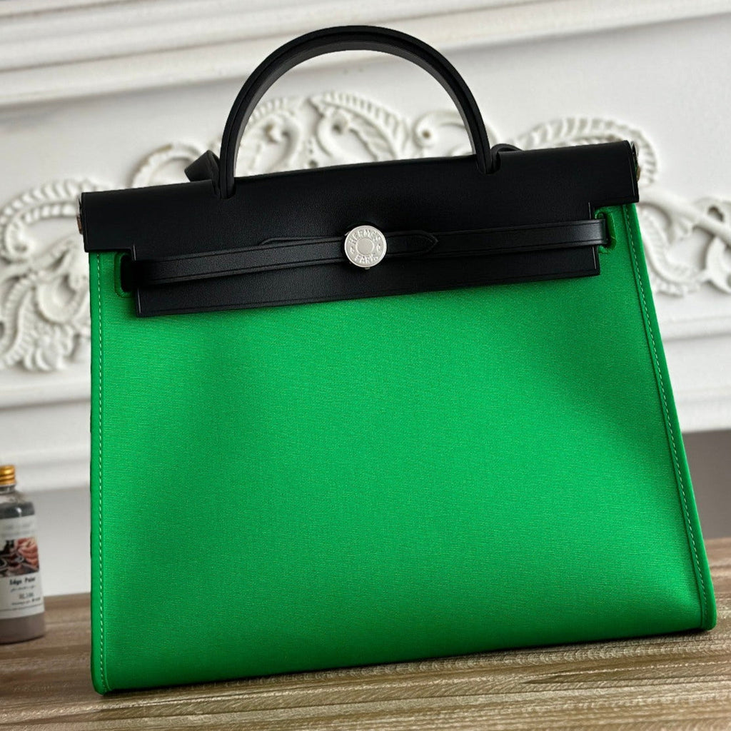Hermes Zip Cabine 31 Bag in Emerald Green Canvas and Black Calfskin