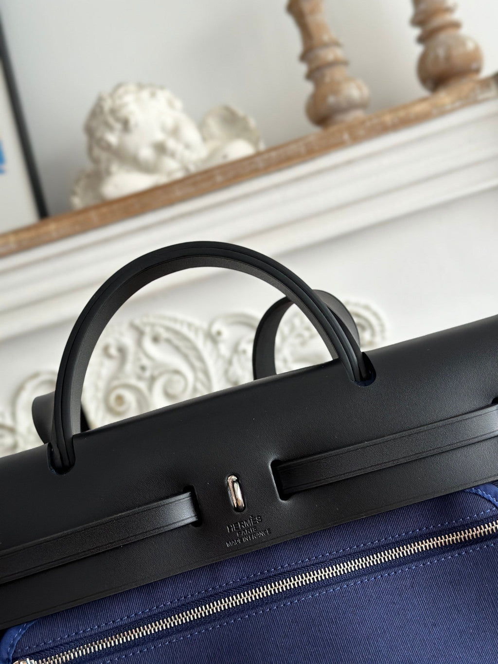 Hermes Zip Cabine 31 Bag in Navy Blue Canvas and Black Calfskin