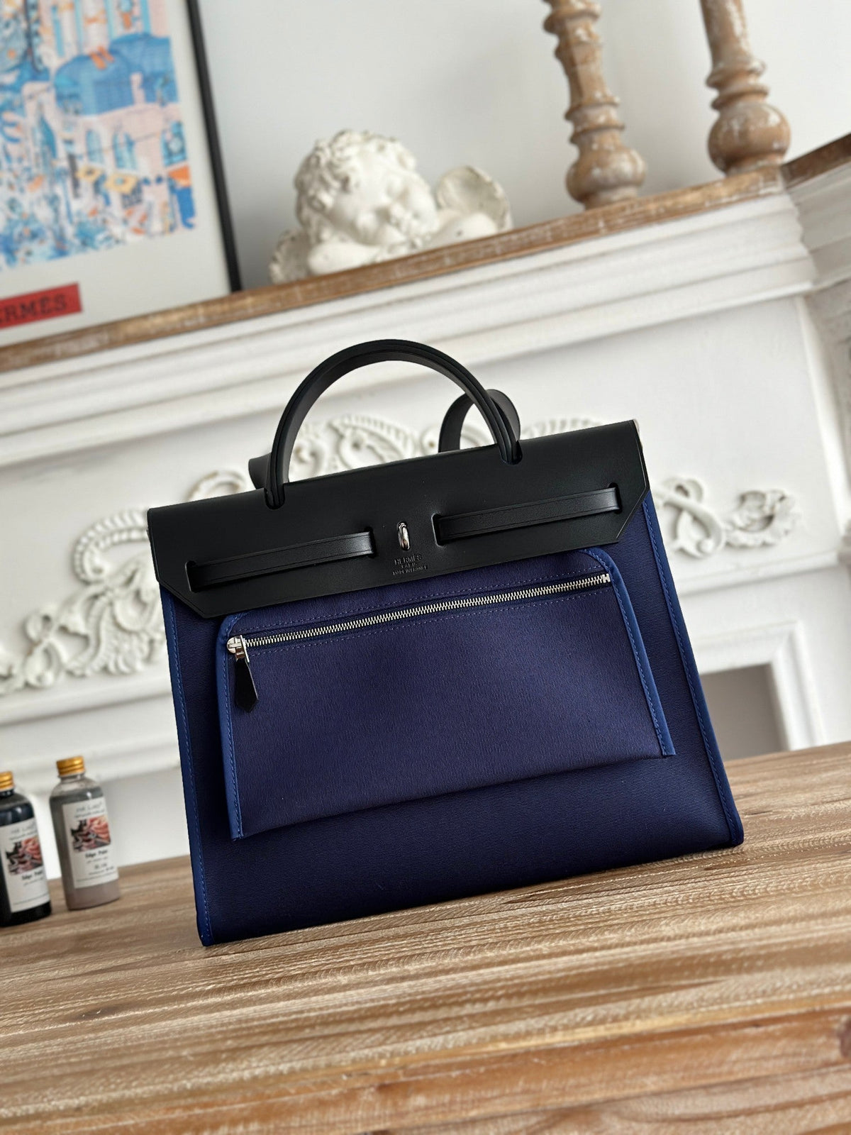 Hermes Zip Cabine 31 Bag in Navy Blue Canvas and Black Calfskin