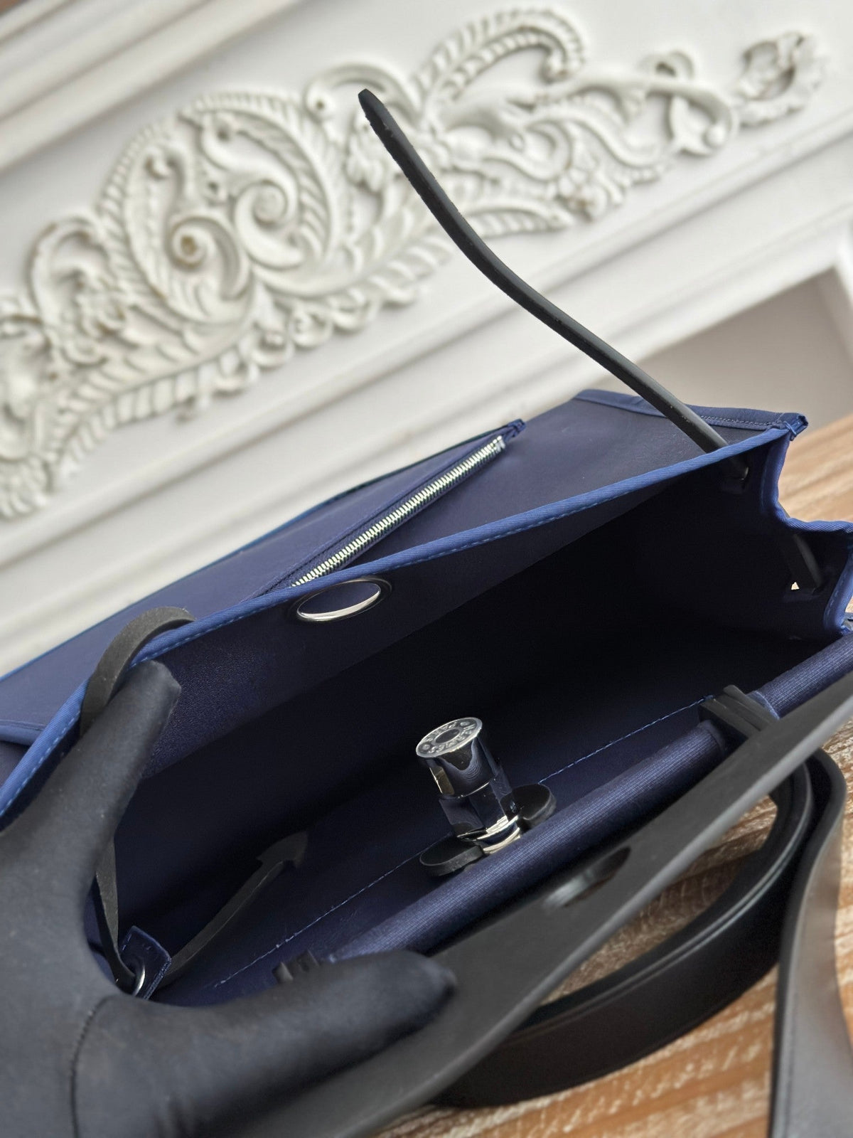 Hermes Zip Cabine 31 Bag in Navy Blue Canvas and Black Calfskin