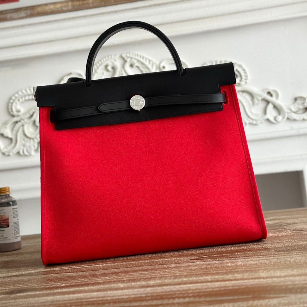 Hermes Zip Cabine 31 Bag in Classic Red Canvas and Black Calfskin