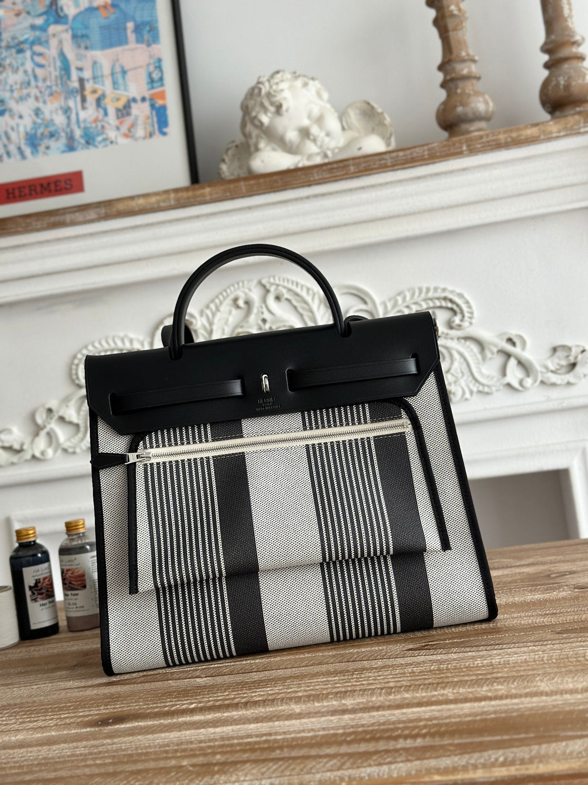 Hermes Zip Cabine 31 Bag in Black Mix White Canvas and Calfskin