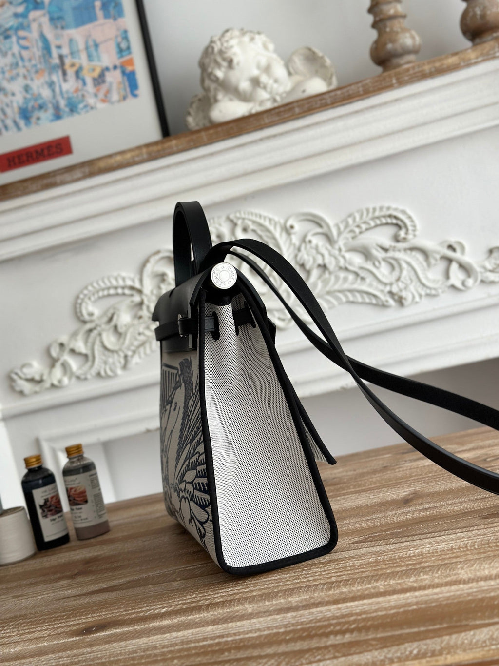 Hermes Zip Cabine 31 Bag in White Canvas and Black Calfskin