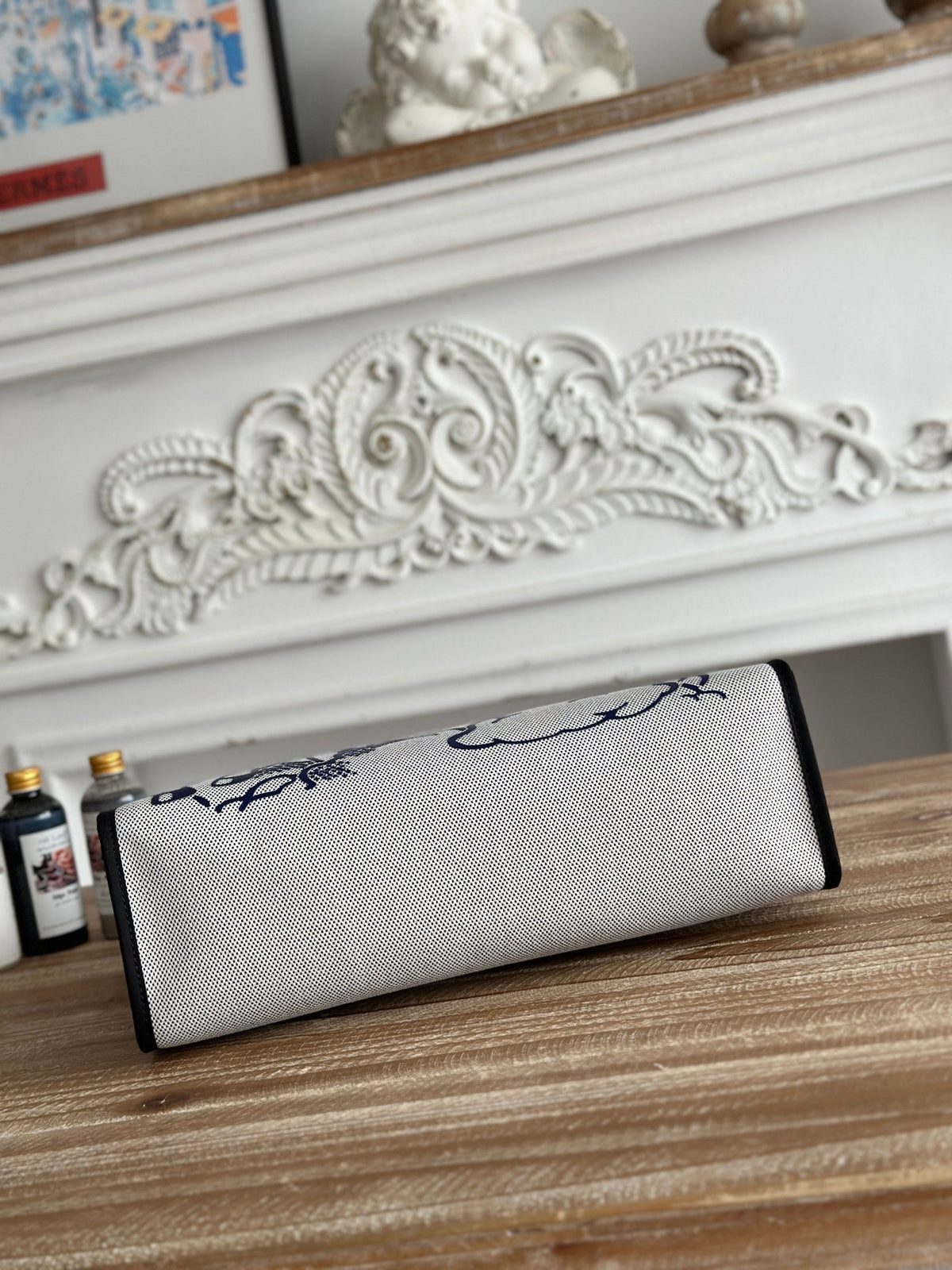Hermes Zip Cabine 31 Bag in White Canvas and Black Calfskin