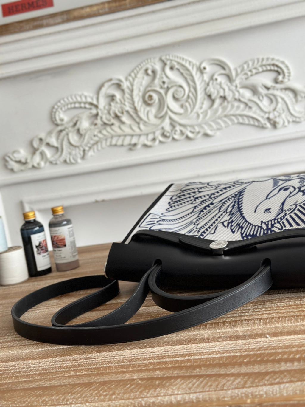 Hermes Zip Cabine 31 Bag in White Canvas and Black Calfskin