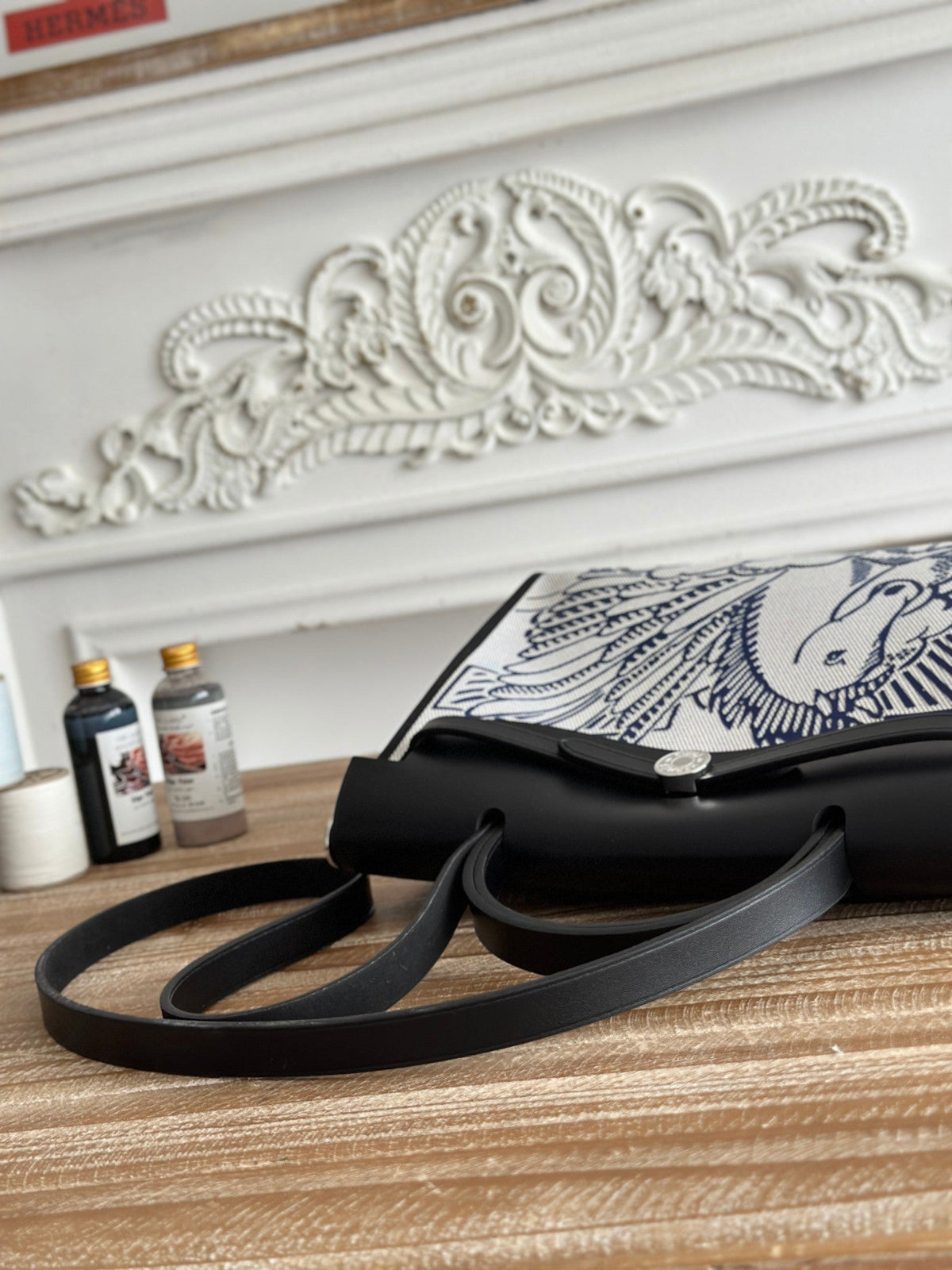 Hermes Zip Cabine 31 Bag in White Canvas and Black Calfskin