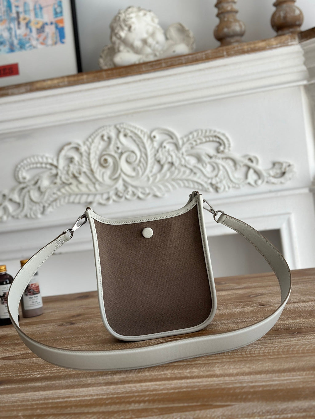 Hermes Mini Neo 17 Evelyne Bag in Wenge Brown Canvas and White Calfskin