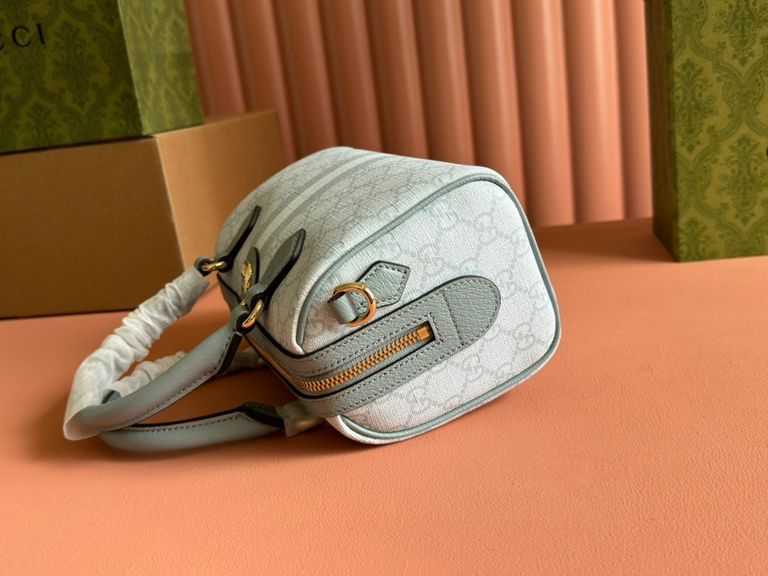 Gucci Ophidia Top Handle Bag 21 in Grey-Green Monogram Canvas and Calfskin Trim Gold Hardware