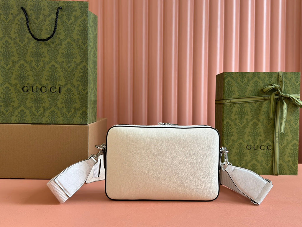 Gucci Small Crossbody Bag 24 with Tag in White Calfskin and Canvas Trim