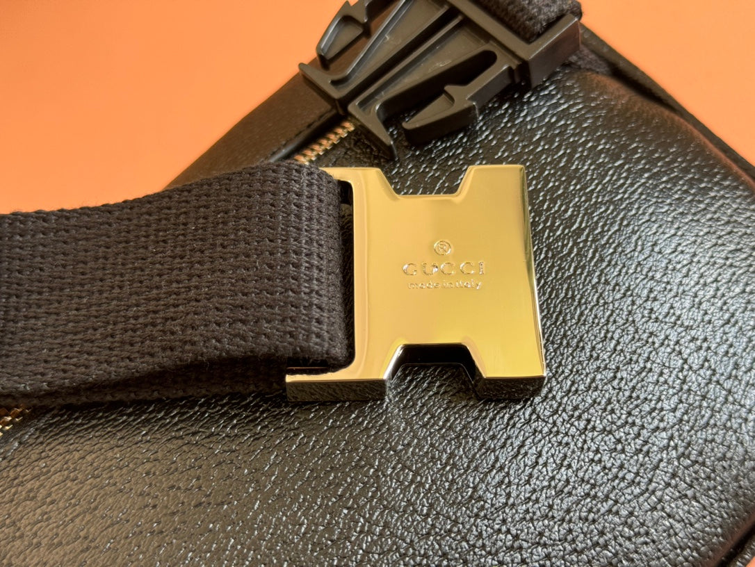 Gucci Small Belt Bag 29 in Black Calfskin and Dark Gray Monogram Canvas