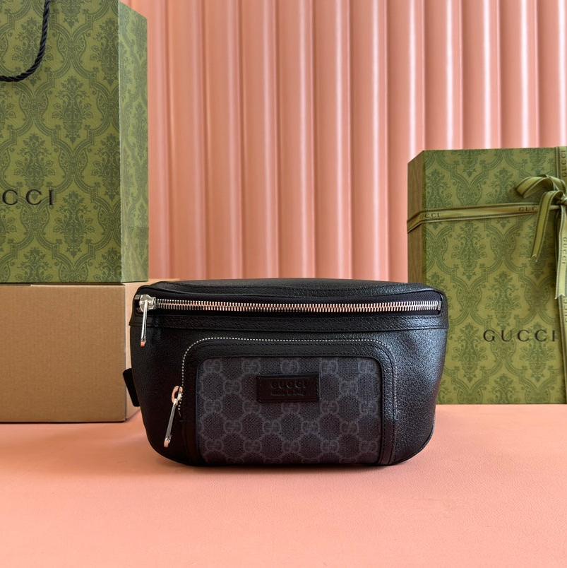 Gucci Small Belt Bag 29 in Black Calfskin and Dark Gray Monogram Canvas