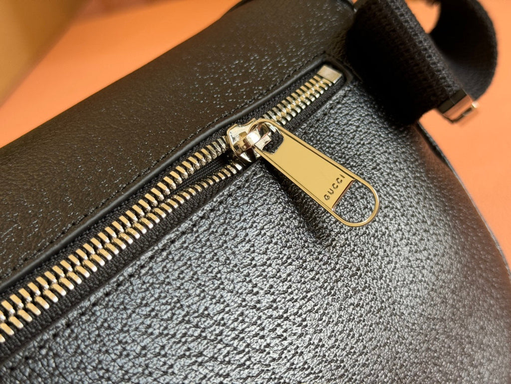 Gucci Small Belt Bag 29 in Black Calfskin and Dark Gray Monogram Canvas