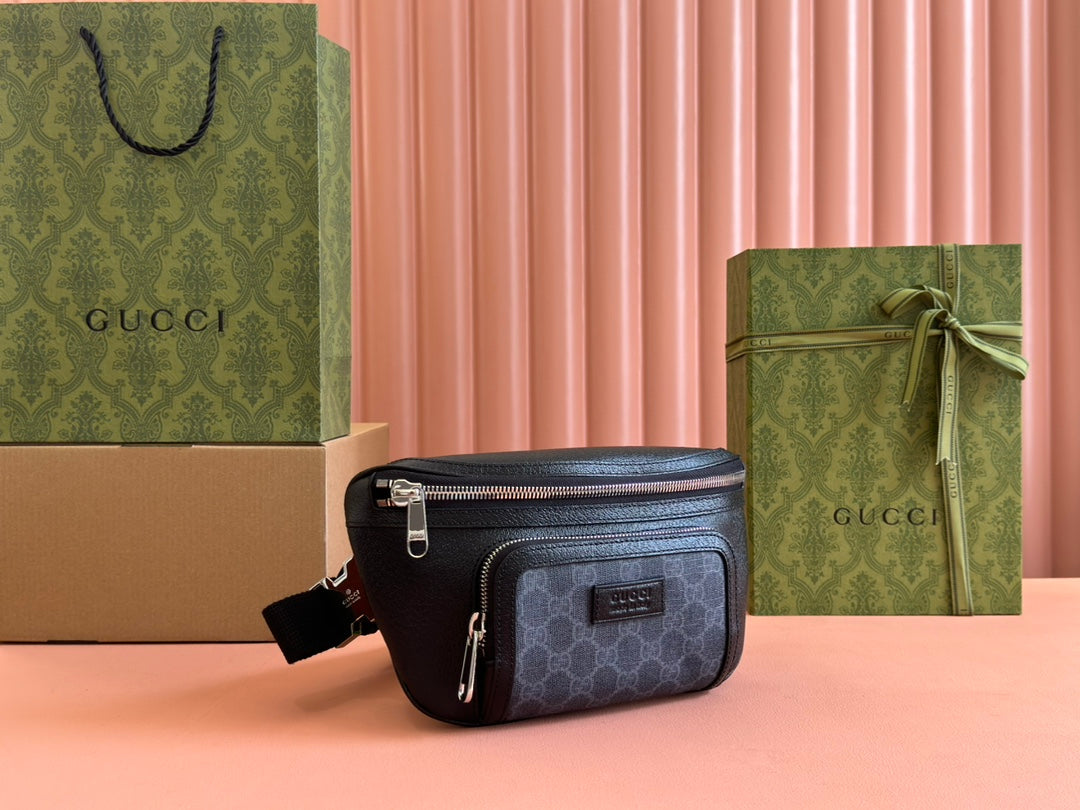 Gucci Small Belt Bag 29 in Black Calfskin and Dark Gray Monogram Canvas