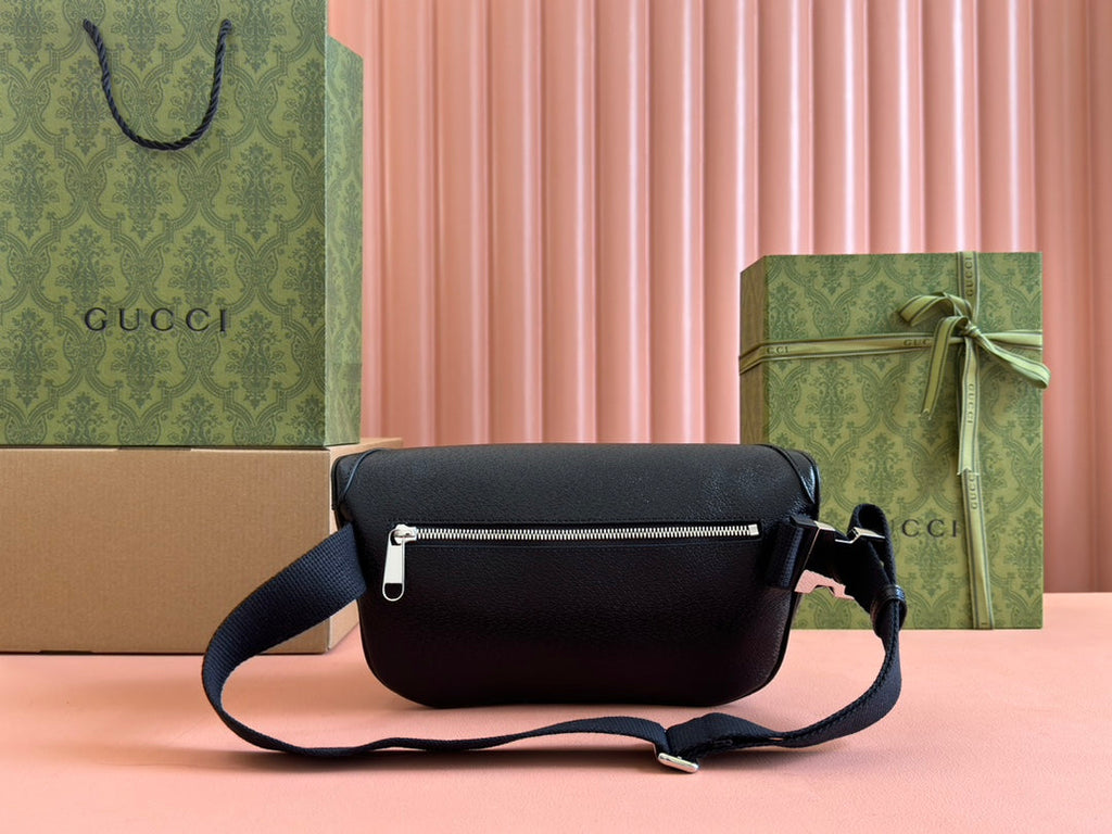 Gucci Small Belt Bag 29 in Black Calfskin and Dark Gray Monogram Canvas