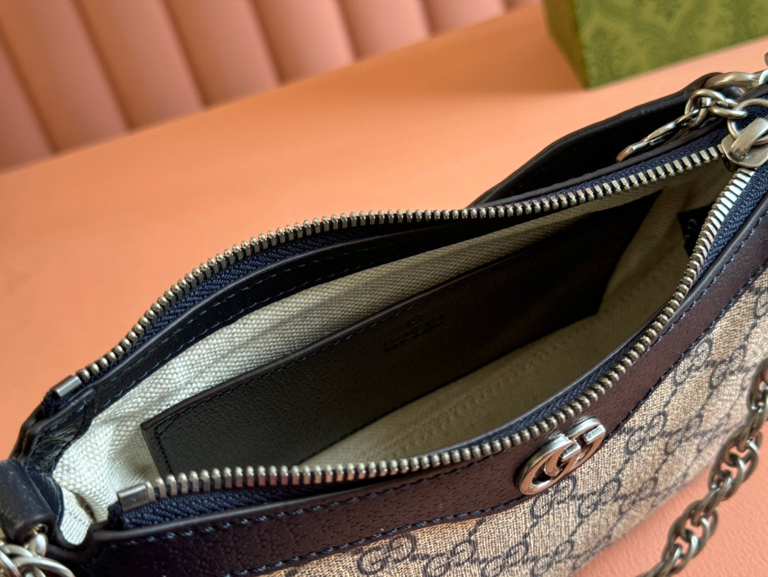 Gucci Ophidia Shoulder Bag 25 in Grey Ebony Canvas and Black Lambskin Silver Hardware