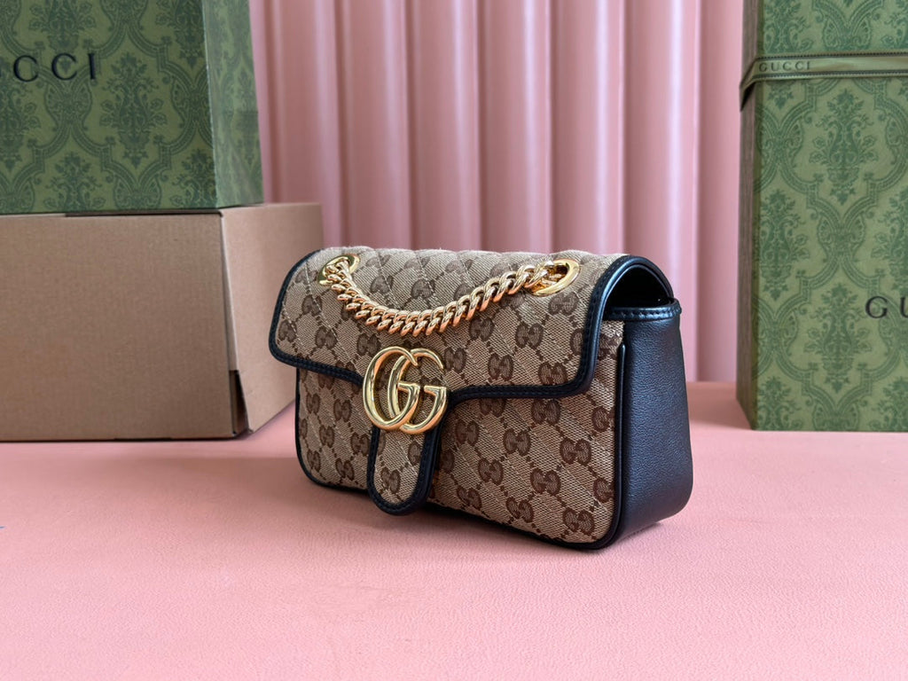 Gucci Marmont Medium Shoulder Bag 22 in Beige and Brown Canvas Black Calfskin