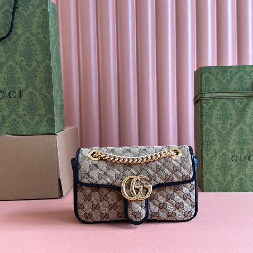 Gucci Marmont Medium Shoulder Bag 22 in Beige and Brown Canvas Black Calfskin