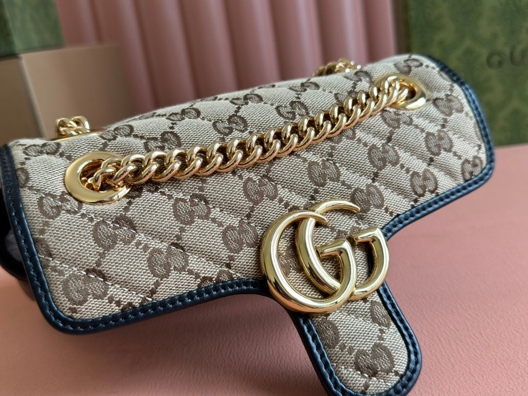 Gucci Marmont Medium Shoulder Bag 22 in Beige and Brown Canvas Black Calfskin
