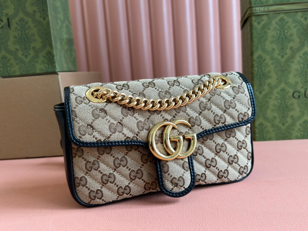 Gucci Marmont Medium Shoulder Bag 22 in Beige and Brown Canvas Black Calfskin