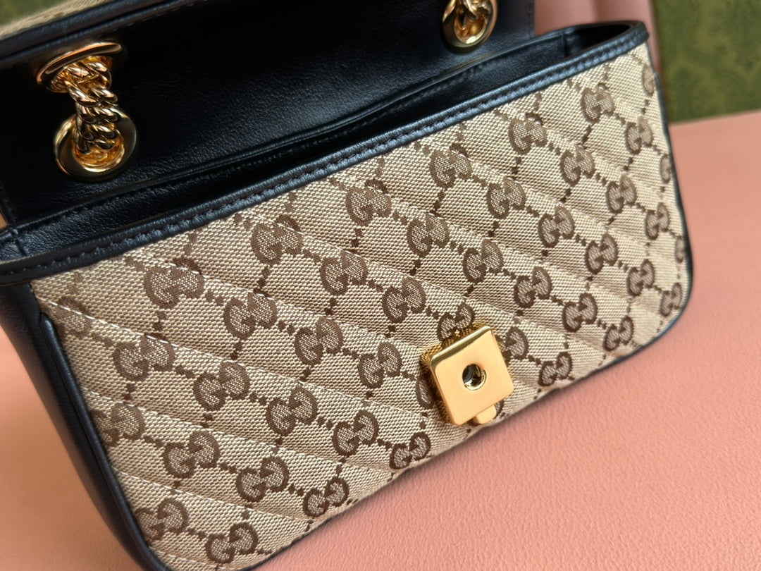 Gucci Marmont Medium Shoulder Bag 22 in Beige and Brown Canvas Black Calfskin