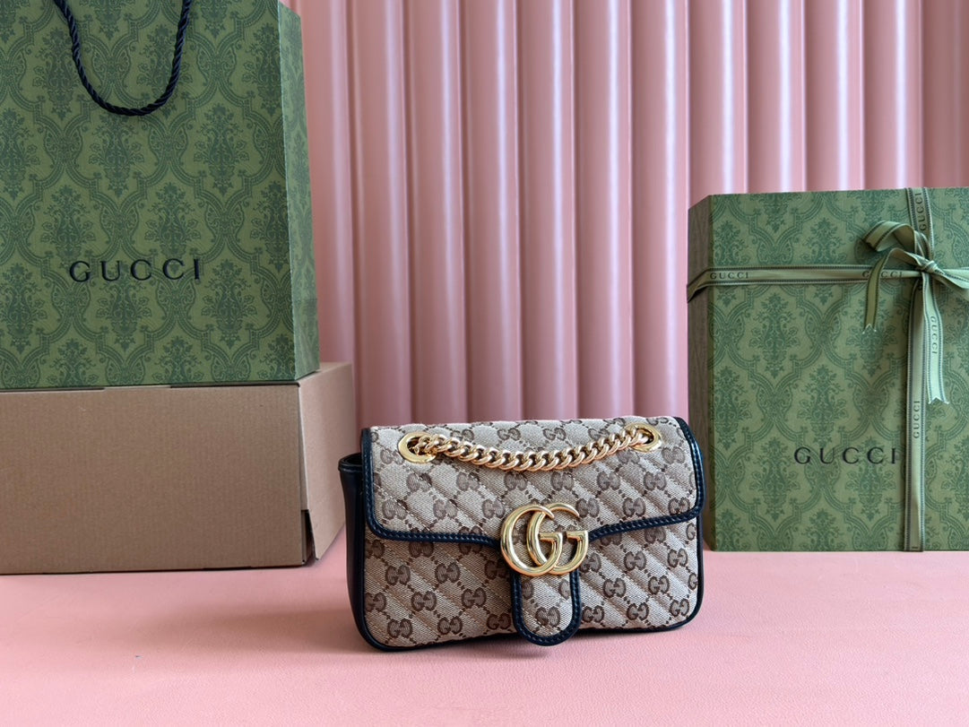Gucci Marmont Medium Shoulder Bag 22 in Beige and Brown Canvas Black Calfskin
