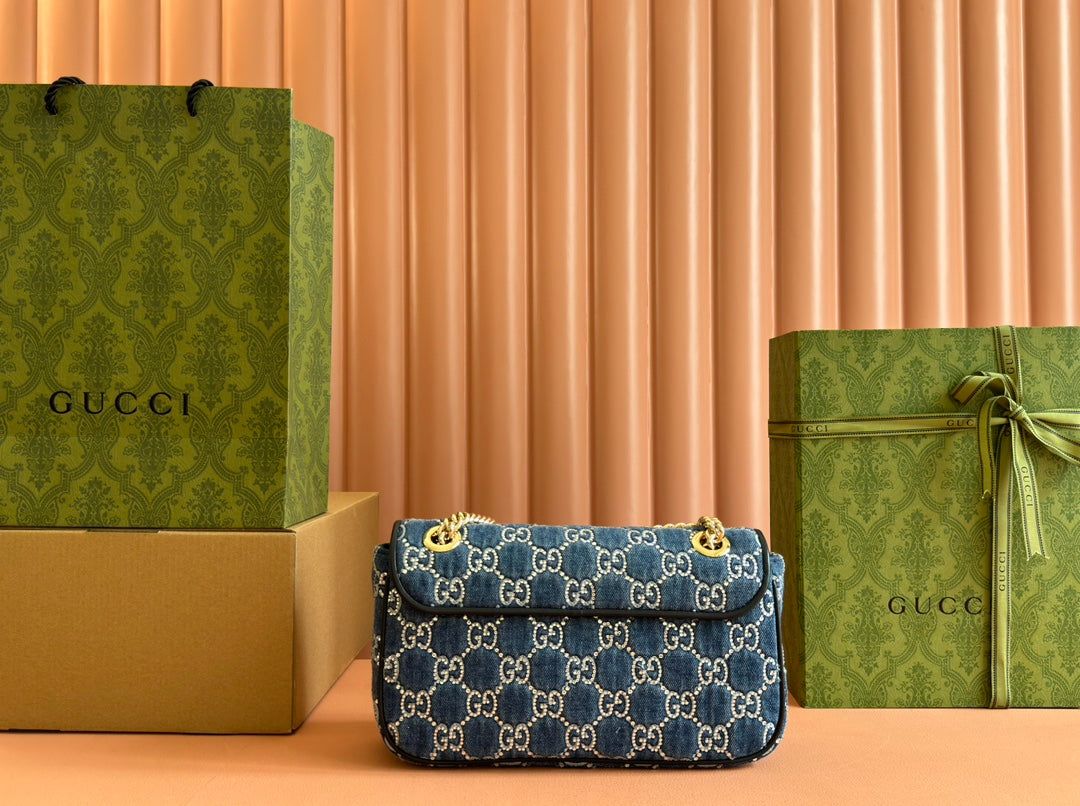 Gucci Marmont Shoulder Bag 26 in Blue Denim with Double G Crystal Pattern Gold Hardware