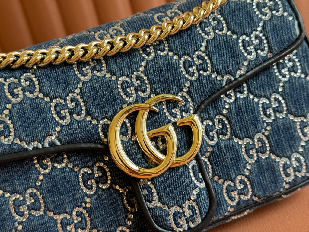 Gucci Marmont Shoulder Bag 26 in Blue Denim with Double G Crystal Pattern Gold Hardware