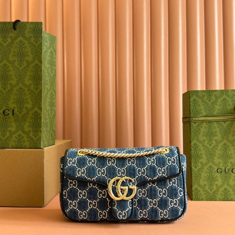 Gucci Marmont Shoulder Bag 26 in Blue Denim with Double G Crystal Pattern Gold Hardware