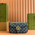 Gucci Marmont Shoulder Bag 26 in Blue Denim with Double G Crystal Pattern Gold Hardware