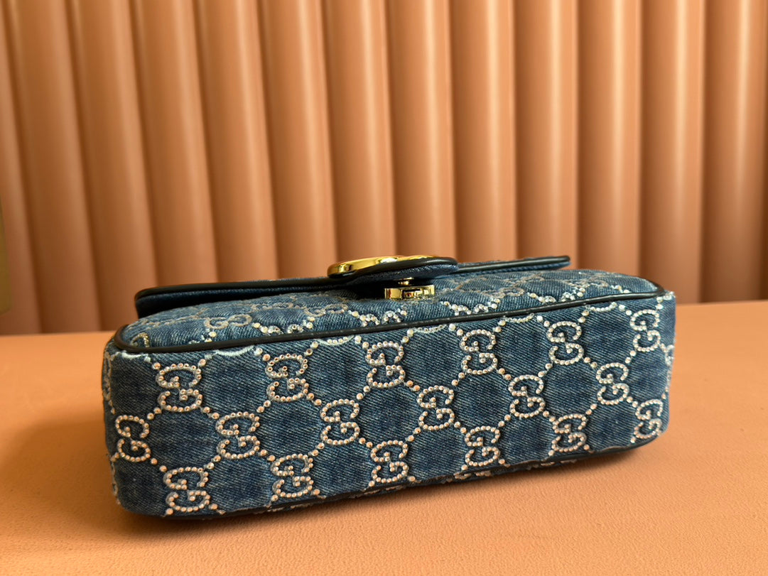 Gucci Marmont Shoulder Bag 26 in Blue Denim with Double G Crystal Pattern Gold Hardware